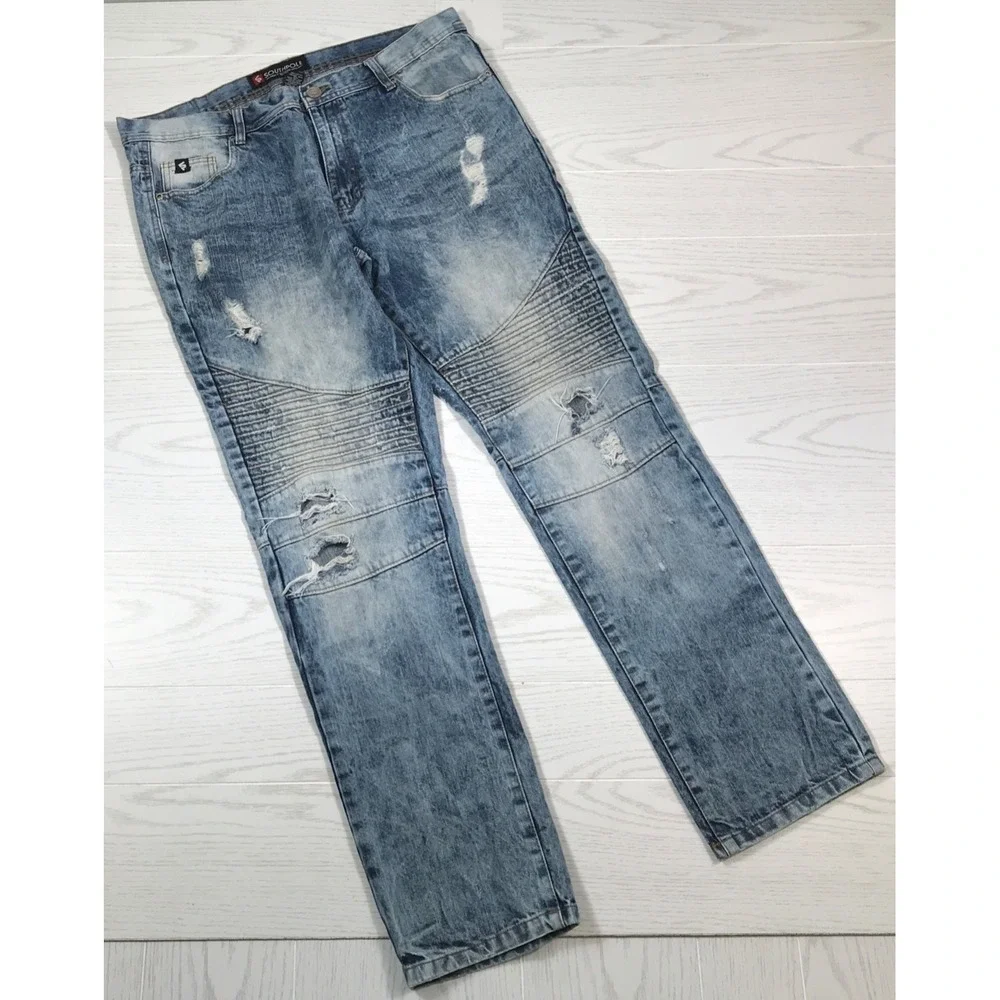 Southpole Jeans Men 38x34 Blue Acid Wash Grunge Moto Distressed 100% Cotton Y2K